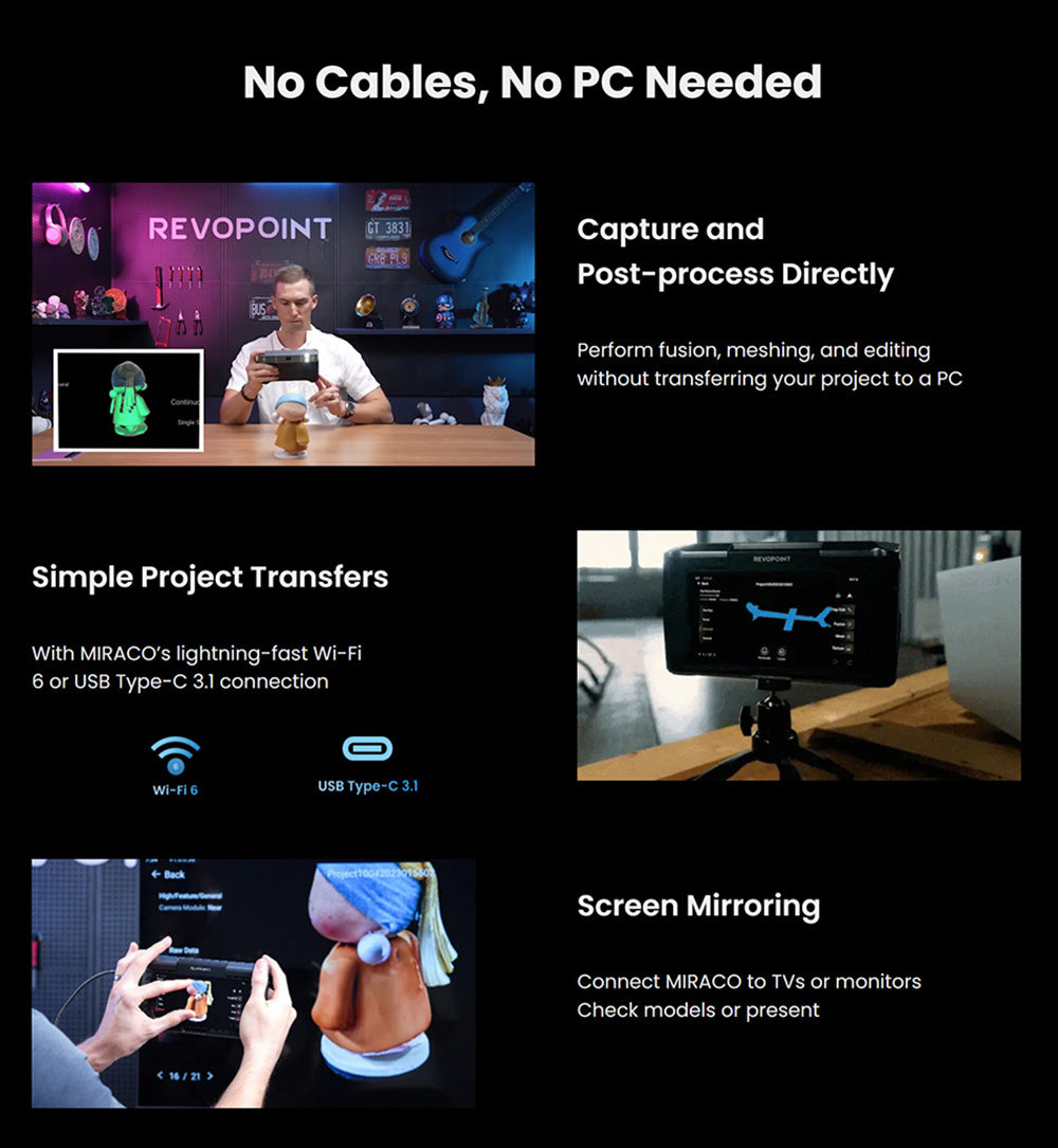Escáner 3D Revopoint MIRACO con 16 GB de RAM, alta precisión de 0,02 mm, velocidad de escaneo de 15 fps, captura de color 8K, pantalla giratoria de 180°, IMU de 9 ejes, imagen HD de 2K, modo de disparo único y continuo, diseño estable, para objetos pequeños y grandes.
