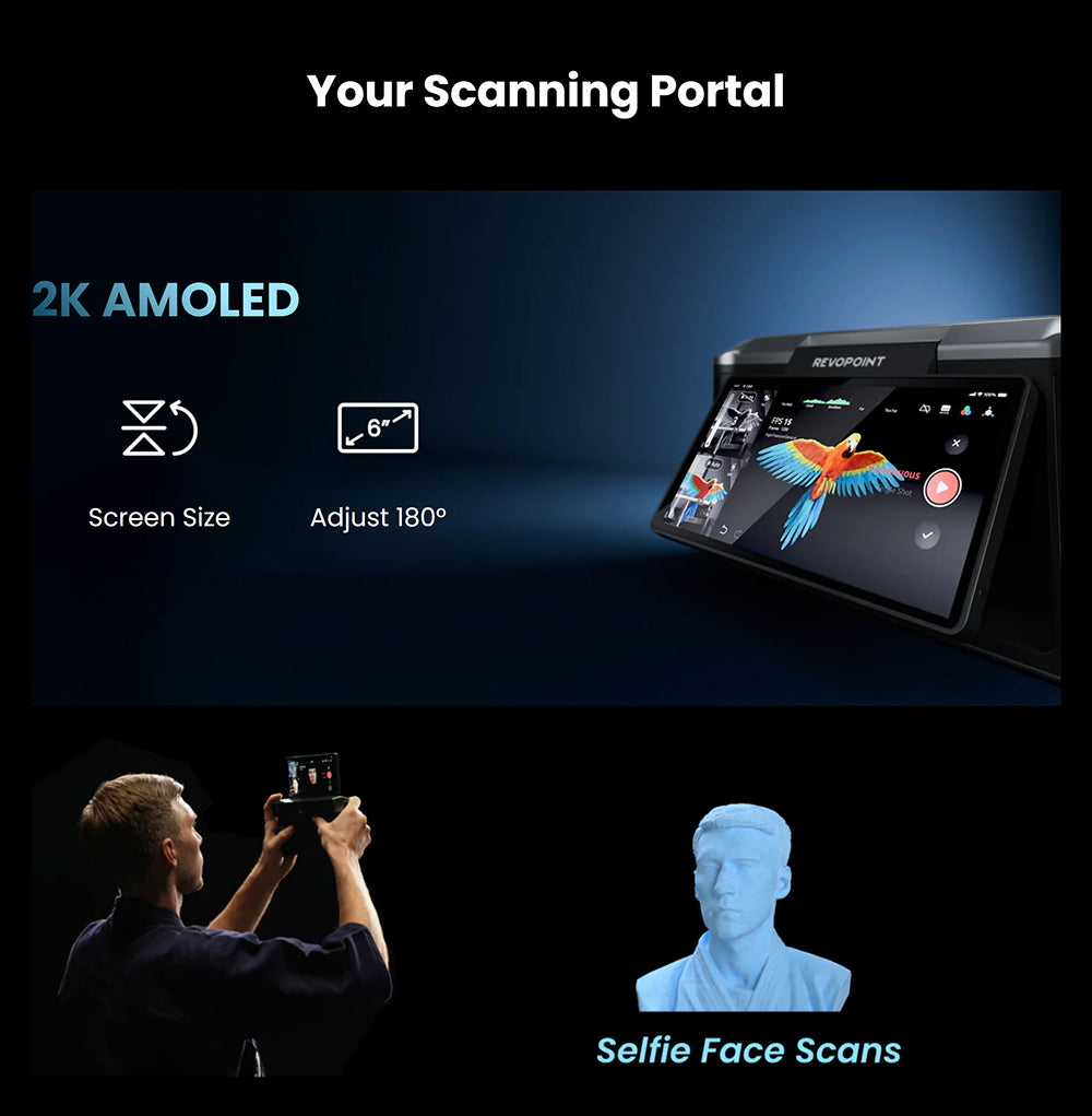 Escáner 3D Revopoint MIRACO con 16 GB de RAM, alta precisión de 0,02 mm, velocidad de escaneo de 15 fps, captura de color 8K, pantalla giratoria de 180°, IMU de 9 ejes, imagen HD de 2K, modo de disparo único y continuo, diseño estable, para objetos pequeños y grandes.