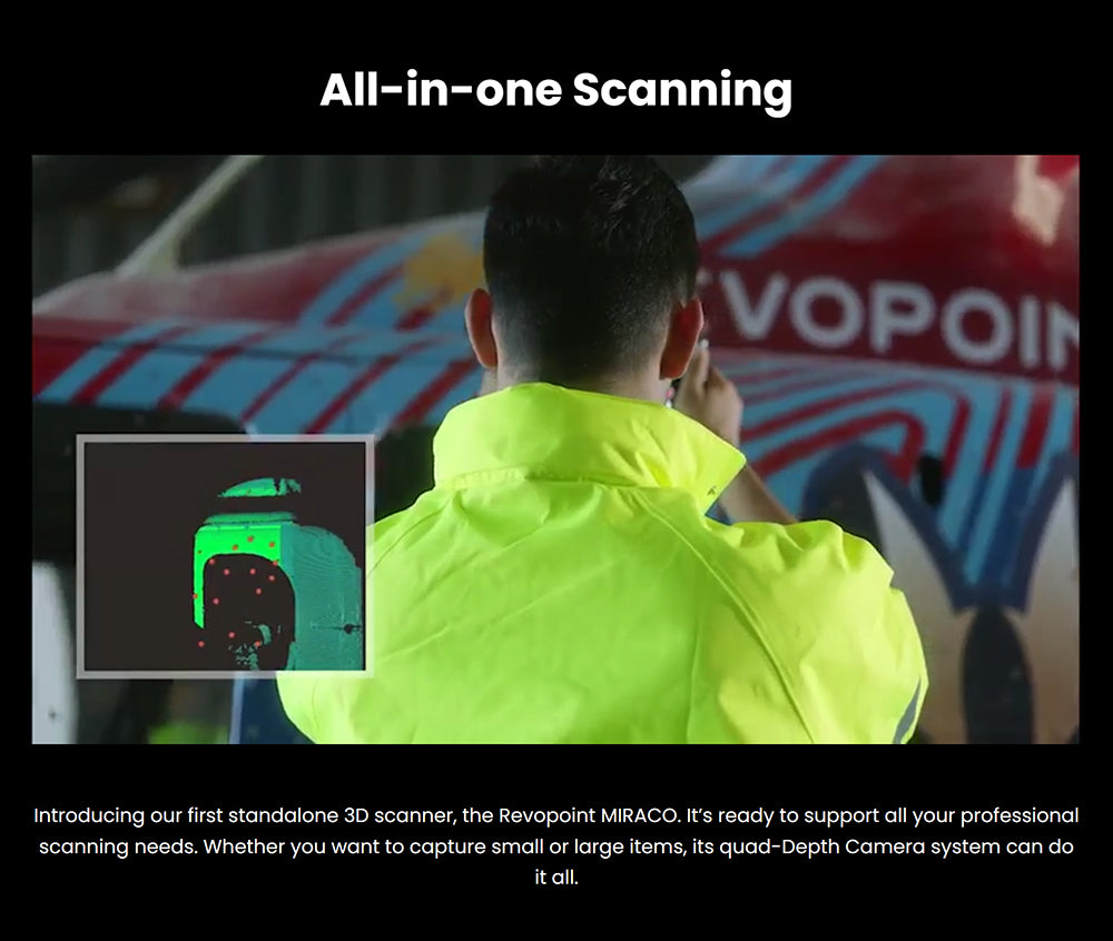 Revopoint MIRACO Pro 3D-Scanner mit 32 GB RAM, 0,02 mm hoher Präzision, 15 Bildern pro Sekunde Scangeschwindigkeit, 8K-Farbaufnahme, 180° drehbarem Bildschirm, 9-Achsen-IMU, 2K-HD-Bildqualität, Einzelbild- und Serienbildmodus, Standfuß, für kleine bis große Objekte
