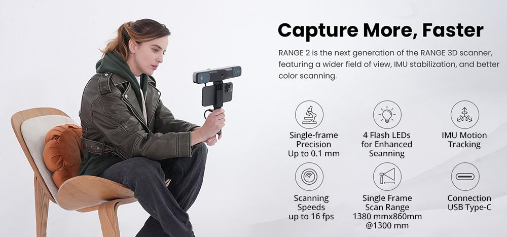 Revopoint RANGE 2 3D-Scanner, 0,1 mm Präzision, 2 MP Auflösung, bis zu 16 Bilder/Sek. Scangeschwindigkeit, 400–1300 mm Arbeitsabstand, 4 Blitz-LEDs, IMU-Bewegungserkennung, unterstützt Körper, Gesicht/große Objekte & Windows/Android/iOS/macOS