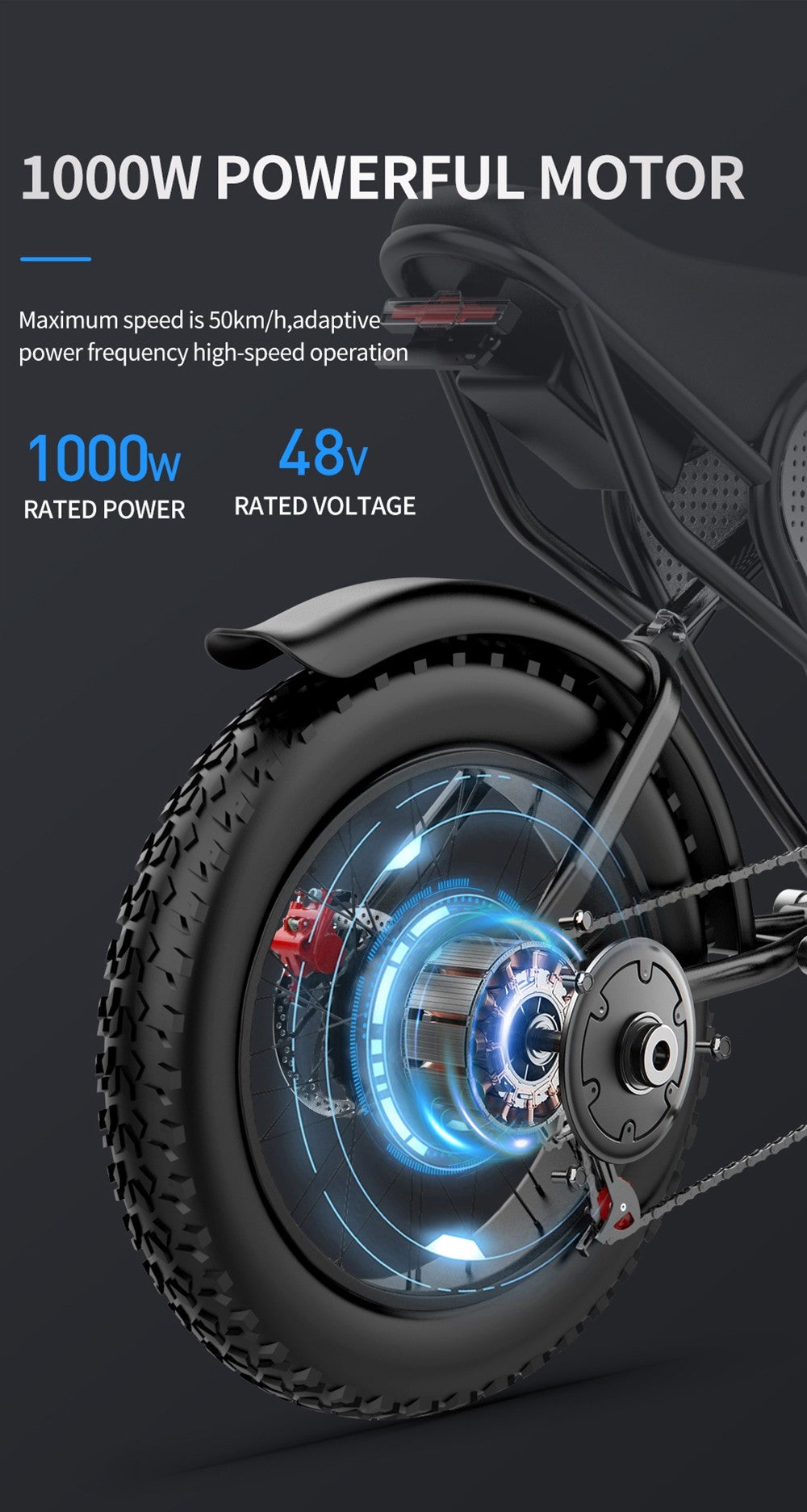 Bicicleta eléctrica Ridstar Q20, motor sin escobillas de 1000 W, neumáticos gruesos de 20 x 4 pulgadas, batería extraíble de 48 V y 20 Ah, velocidad máxima de 30 mph, autonomía máxima de 75 millas, freno de disco hidráulico.