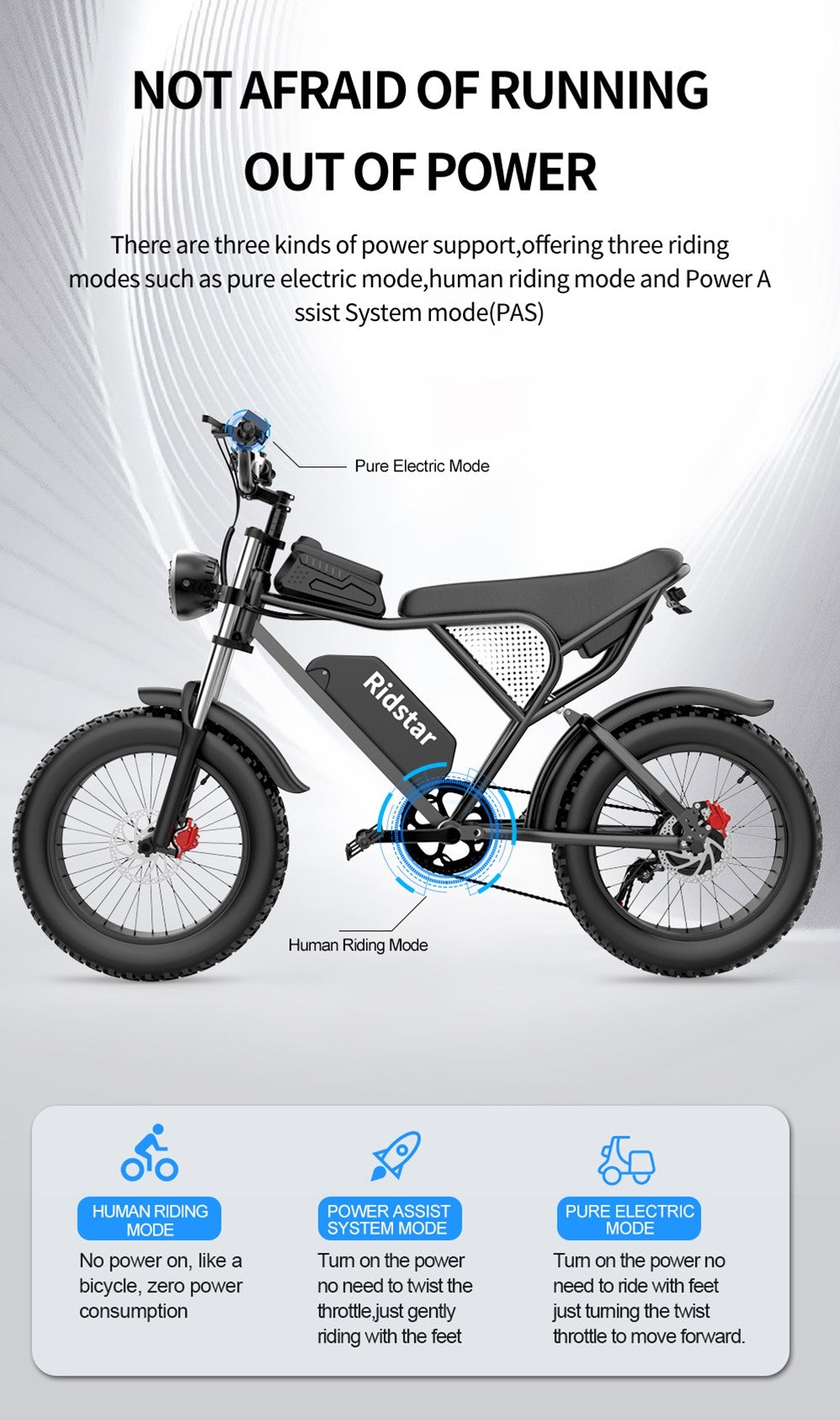 Bicicleta eléctrica Ridstar Q20, motor sin escobillas de 1000 W, neumáticos gruesos de 20 x 4 pulgadas, batería extraíble de 48 V y 20 Ah, velocidad máxima de 30 mph, autonomía máxima de 75 millas, freno de disco hidráulico.