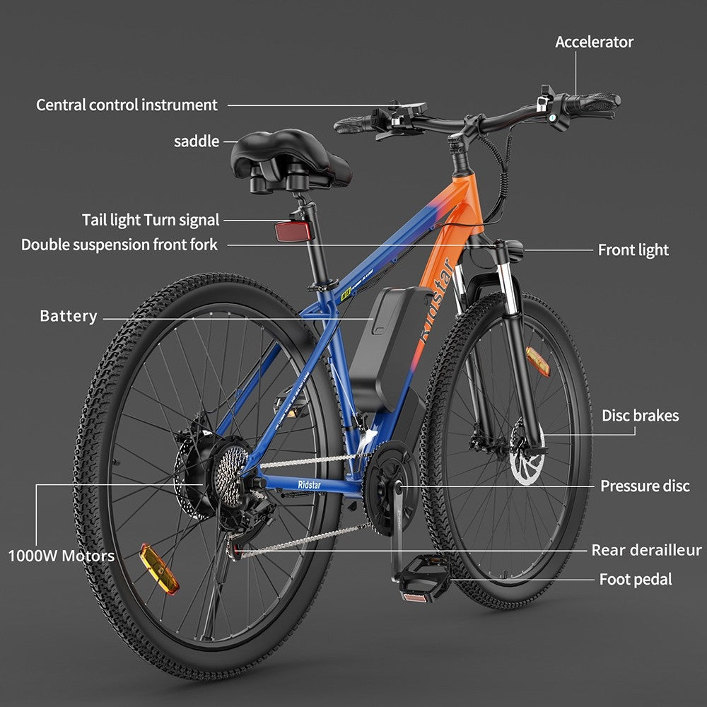 Ridstar S29 Elektrofahrrad, 29 x 2,0 Zoll Reifen, 1000-W-Motor, 48-V-15-Ah-Akku, 50 km/h Höchstgeschwindigkeit, 80 km maximale Reichweite, mechanische Scheibenbremsen, Shimano 21-Gang-Schaltung