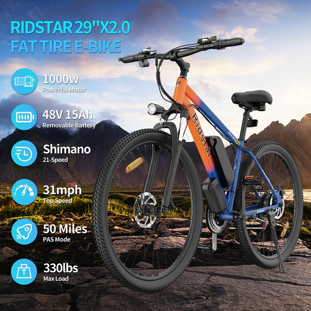 Ridstar S29 Elektrofahrrad, 29 x 2,0 Zoll Reifen, 1000-W-Motor, 48-V-15-Ah-Akku, 50 km/h Höchstgeschwindigkeit, 80 km maximale Reichweite, mechanische Scheibenbremsen, Shimano 21-Gang-Schaltung