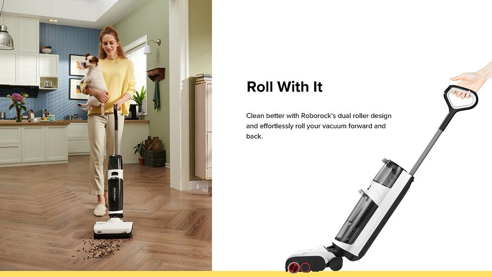 Roborock Dyad Pro Aspiradora Inteligente Inalámbrica para Seco y Húmedo, 17000Pa de Potente Succión, Doble Rodillo, Limpieza de Bordes, Autolimpieza, Secado por Aire Caliente, 43 Minutos de Autonomía, Pantalla LED, Control por App y Alertas de Voz - Negro