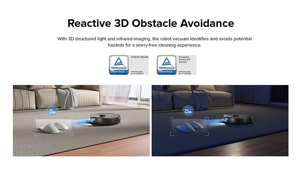 Robot aspiradora Roborock S8, succión extrema de 6000 Pa, cepillo DuoRoller, evitación de obstáculos con luz estructurada 3D, mopa con vibración sónica y elevación automática, batería de 5200 mAh, 180 minutos de autonomía, mapeo 3D, depósito de polvo de 400 ml, control por aplicación - Negro (Mejora del Roborock S7)