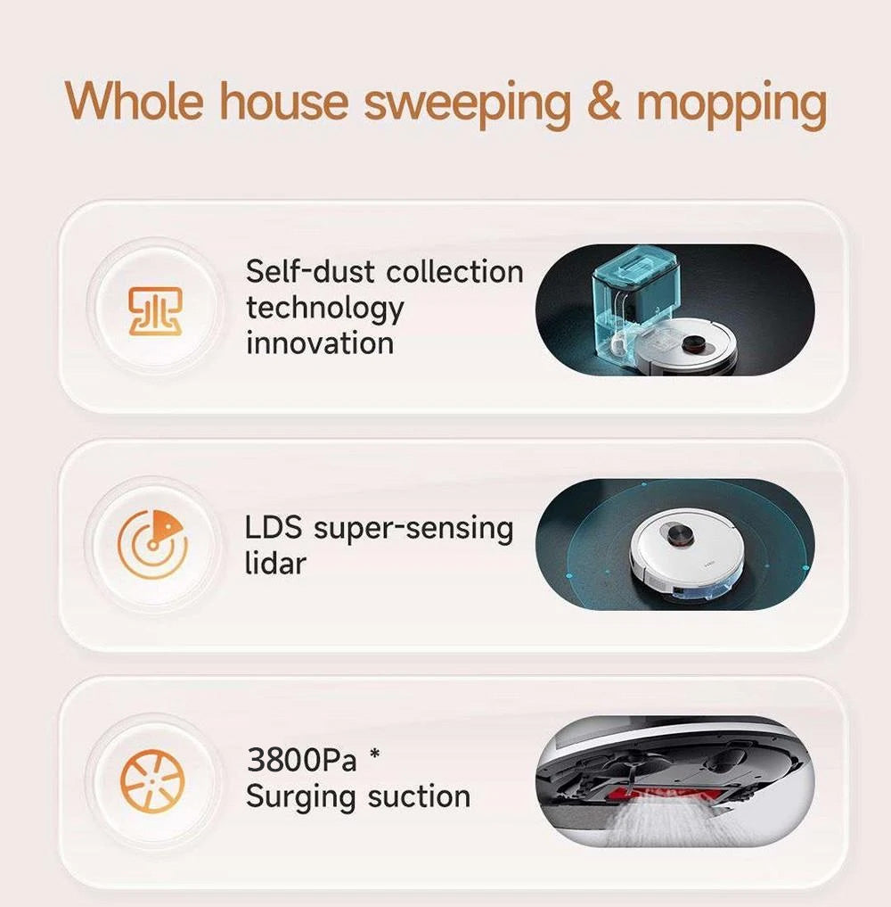 Robot Aspirador Xiaomi ROIDMI EVE CC con Recogida Automática de Polvo, Aspiración y Fregado 2 en 1, Potente Succión de 3800 Pa, Navegación Láser LDS, Batería de 3200 mAh, Autonomía de 180 Minutos, Depósito de Agua de 290 ml, Caja de Polvo de 260 ml, Control por APP - Blanco