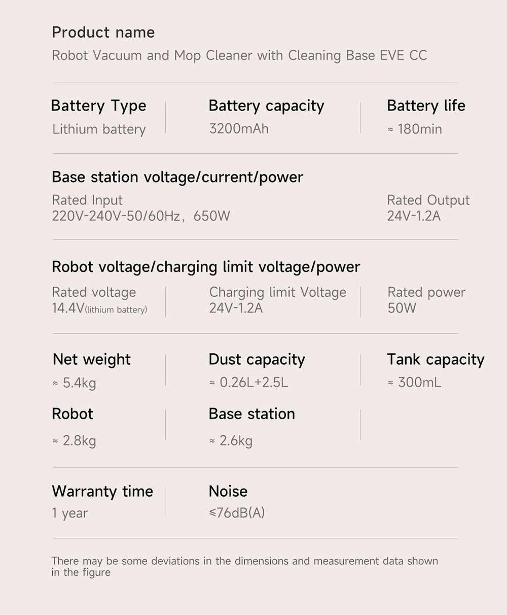 Robot Aspirador Xiaomi ROIDMI EVE CC con Recogida Automática de Polvo, Aspiración y Fregado 2 en 1, Potente Succión de 4000 Pa, Navegación Láser LDS, Batería de 3200 mAh, Autonomía de 180 Minutos, Depósito de Agua de 290 ml, Caja de Polvo de 260 ml, Control por APP - Blanco