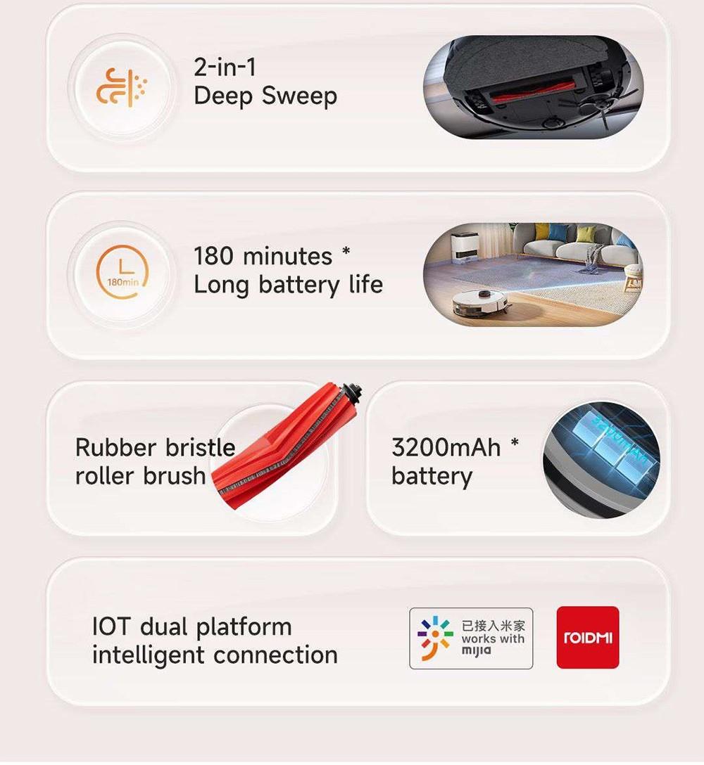 Robot Aspirador Xiaomi ROIDMI EVE CC con Recogida Automática de Polvo, Aspiración y Fregado 2 en 1, Potente Succión de 4000 Pa, Navegación Láser LDS, Batería de 3200 mAh, Autonomía de 180 Minutos, Depósito de Agua de 290 ml, Caja de Polvo de 260 ml, Control por APP - Blanco