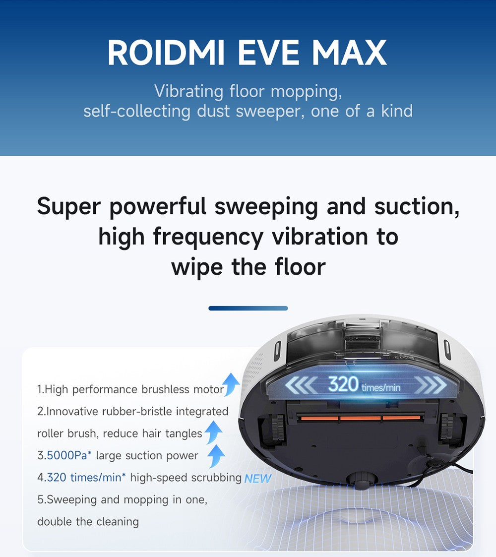 Robot aspirador ROIDMI EVE MAX con estación de autovaciado, succión máxima de 5000 Pa, función de fregado, bolsa de polvo de 3 L, autonomía máxima de 250 minutos, navegación LiDAR, mapeo de múltiples plantas, control por aplicación y voz.