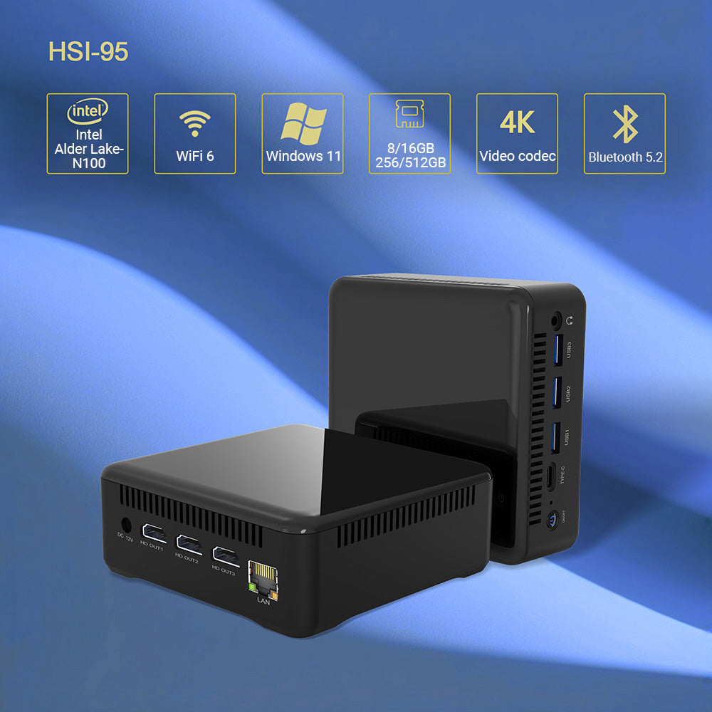 RUPA HSI-95 Mini-PC, Intel N95 4 Kerne (max. 3,4 GHz), 8 GB RAM, 256 GB SSD, 3 x HDMI 4K 60 Hz Triple-Screen-Display, Wi-Fi 6, Bluetooth 5.2, 3 x USB 3.0, 1 x USB Typ-C, 1 x RJ45, 1 x 3,5-mm-Audioanschluss