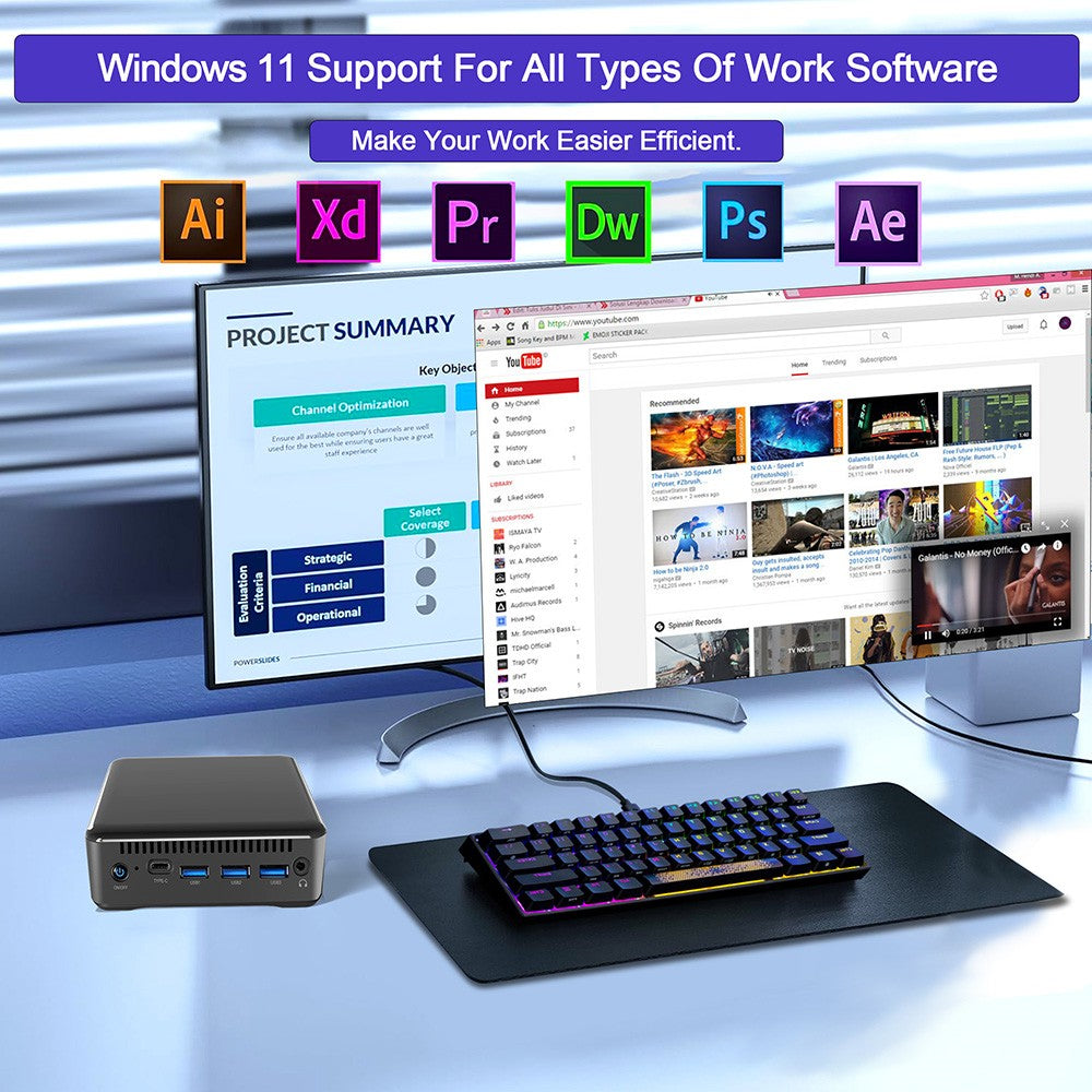 RUPA HSI-95 Mini-PC, Intel N95 4 Kerne (max. 3,4 GHz), 8 GB RAM, 256 GB SSD, 3 x HDMI 4K 60 Hz Triple-Screen-Display, Wi-Fi 6, Bluetooth 5.2, 3 x USB 3.0, 1 x USB Typ-C, 1 x RJ45, 1 x 3,5-mm-Audioanschluss