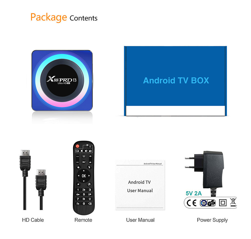 X88 Pro 13 Android 13 TV Box, RK3528 Quad-core, 2GB RAM 16GB ROM, admite decodificación de vídeo 8K, Bluetooth 5.0, WiFi 6, 1*USB3.0, 1*USB2.0, 1*HDMI, 1*RJ451, 1*Micro SD Card