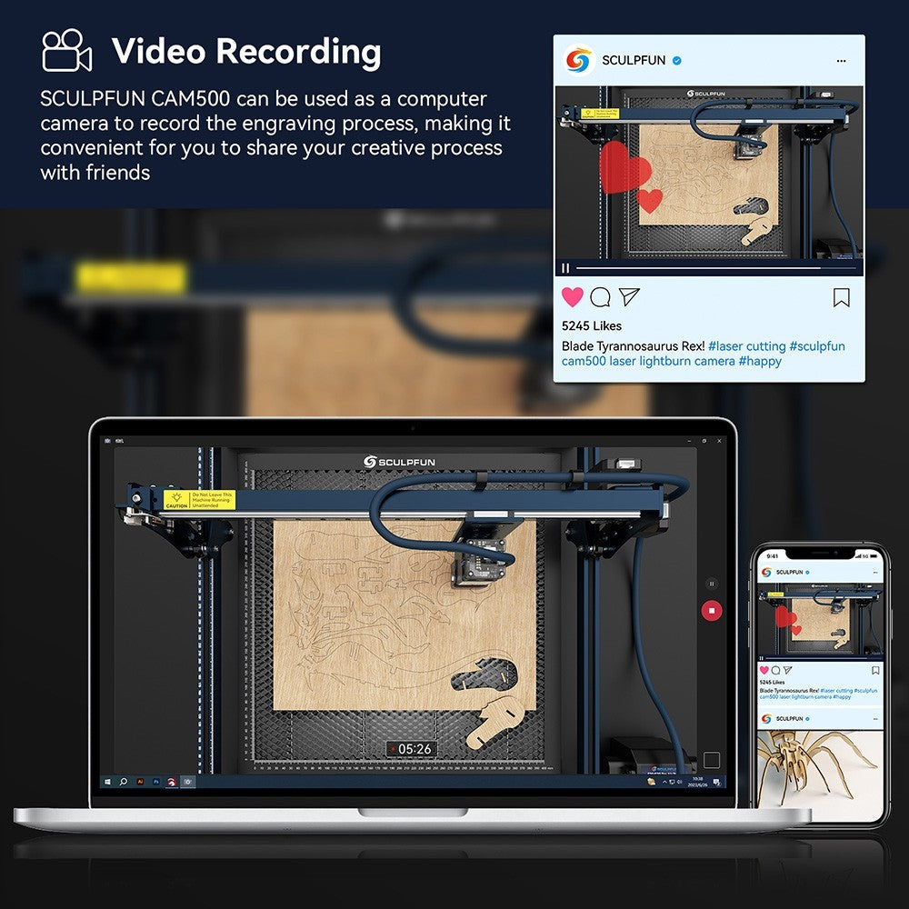 Cámara para grabador láser SCULPFUN CAM500, 5 megapíxeles, posicionamiento de precisión, trazado de imágenes, grabación de procesos.