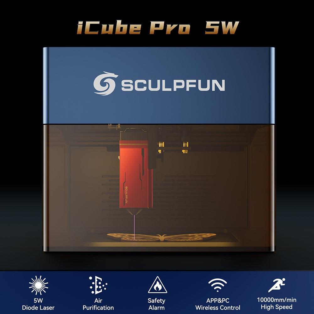 Grabador láser SCULPFUN iCube Pro de 5 W, punto láser de 0,06 mm, velocidad de grabado de 10000 mm/min, placa base de 32 bits, lente reemplazable, filtro de humo, alarma de temperatura, conexión a la aplicación, 130 x 130 mm - Enchufe UE