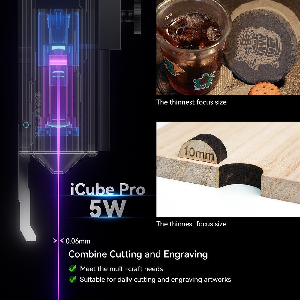 Grabador láser SCULPFUN iCube Pro de 5 W, punto láser de 0,06 mm, velocidad de grabado de 10000 mm/min, placa base de 32 bits, lente reemplazable, filtro de humo, alarma de temperatura, conexión a la aplicación, 130 x 130 mm - Enchufe UE