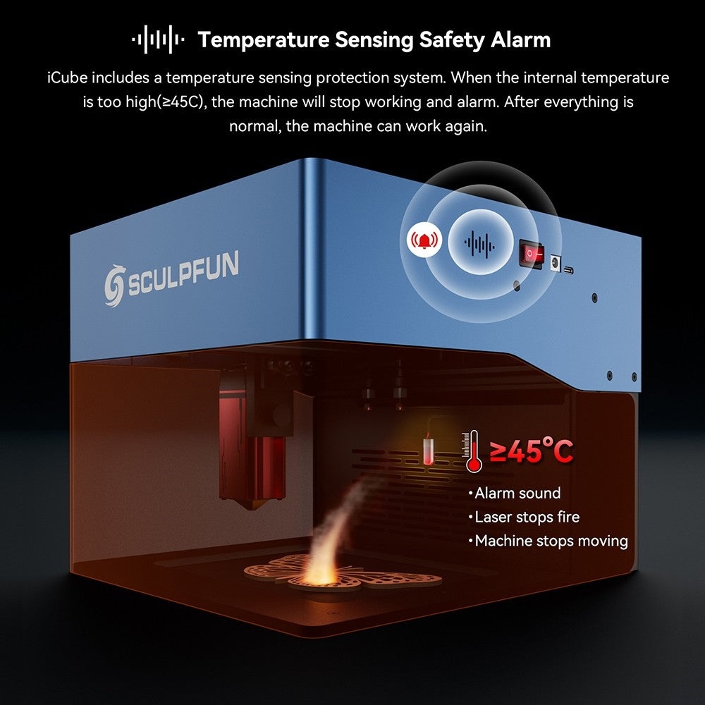 Grabador láser SCULPFUN iCube Pro de 5 W, punto láser de 0,06 mm, velocidad de grabado de 10000 mm/min, placa base de 32 bits, lente reemplazable, filtro de humo, alarma de temperatura, conexión a la aplicación, 130 x 130 mm - Enchufe UE