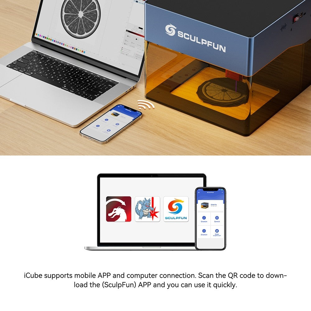 Grabador láser SCULPFUN iCube Pro de 5 W, punto láser de 0,06 mm, velocidad de grabado de 10000 mm/min, placa base de 32 bits, lente reemplazable, filtro de humo, alarma de temperatura, conexión a la aplicación, 130 x 130 mm - Enchufe UE