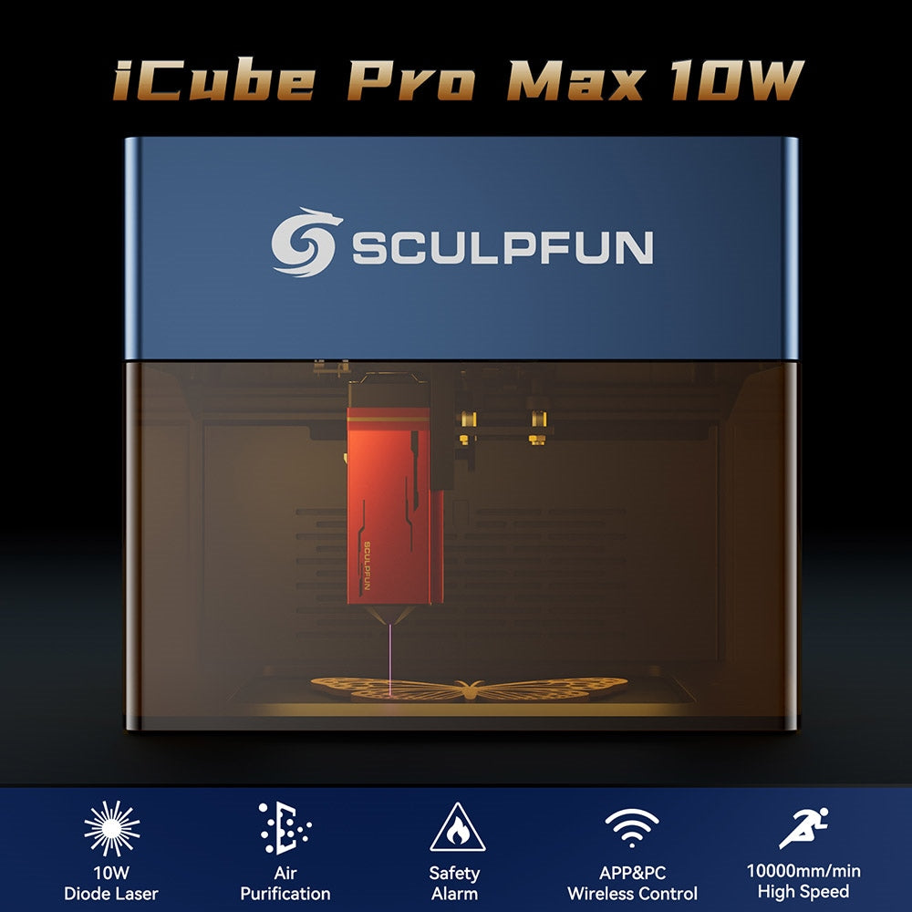 Grabador láser SCULPFUN iCube Pro Max de 10 W, punto láser de 0,08 mm, velocidad de grabado de 10000 mm/min, placa base de 32 bits, lente reemplazable, filtro de humo, alarma de temperatura, conexión a la aplicación, 120 x 120 mm - Enchufe UE