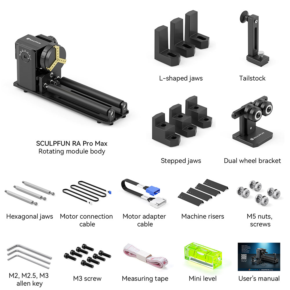 Módulo rotatorio láser SCULPFUN RA Pro Max 4 en 1 con rodillo, para grabado láser de objetos cilíndricos/irregulares redondos.
