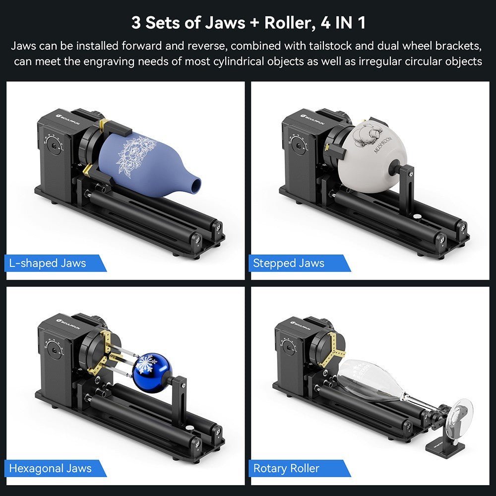 Módulo rotatorio láser SCULPFUN RA Pro Max 4 en 1 con rodillo, para grabado láser de objetos cilíndricos/irregulares redondos.