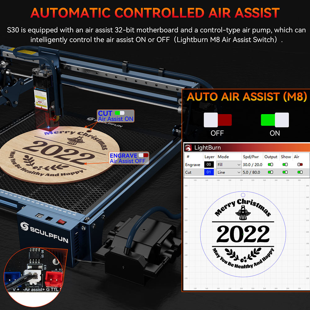 Grabador y cortador láser SCULPFUN S30 de 5W, asistencia de aire automática, lente reemplazable, placa base de 32 bits, 410x400mm