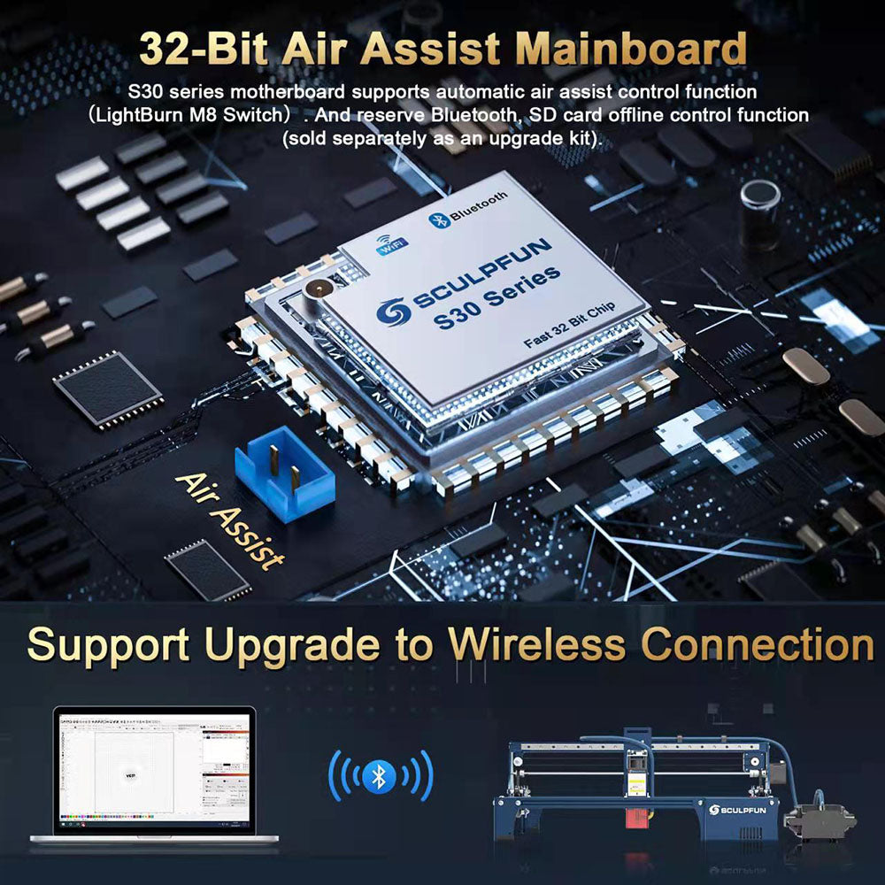 Grabador y cortador láser SCULPFUN S30 de 5W, asistencia de aire automática, lente reemplazable, placa base de 32 bits, 410x400mm