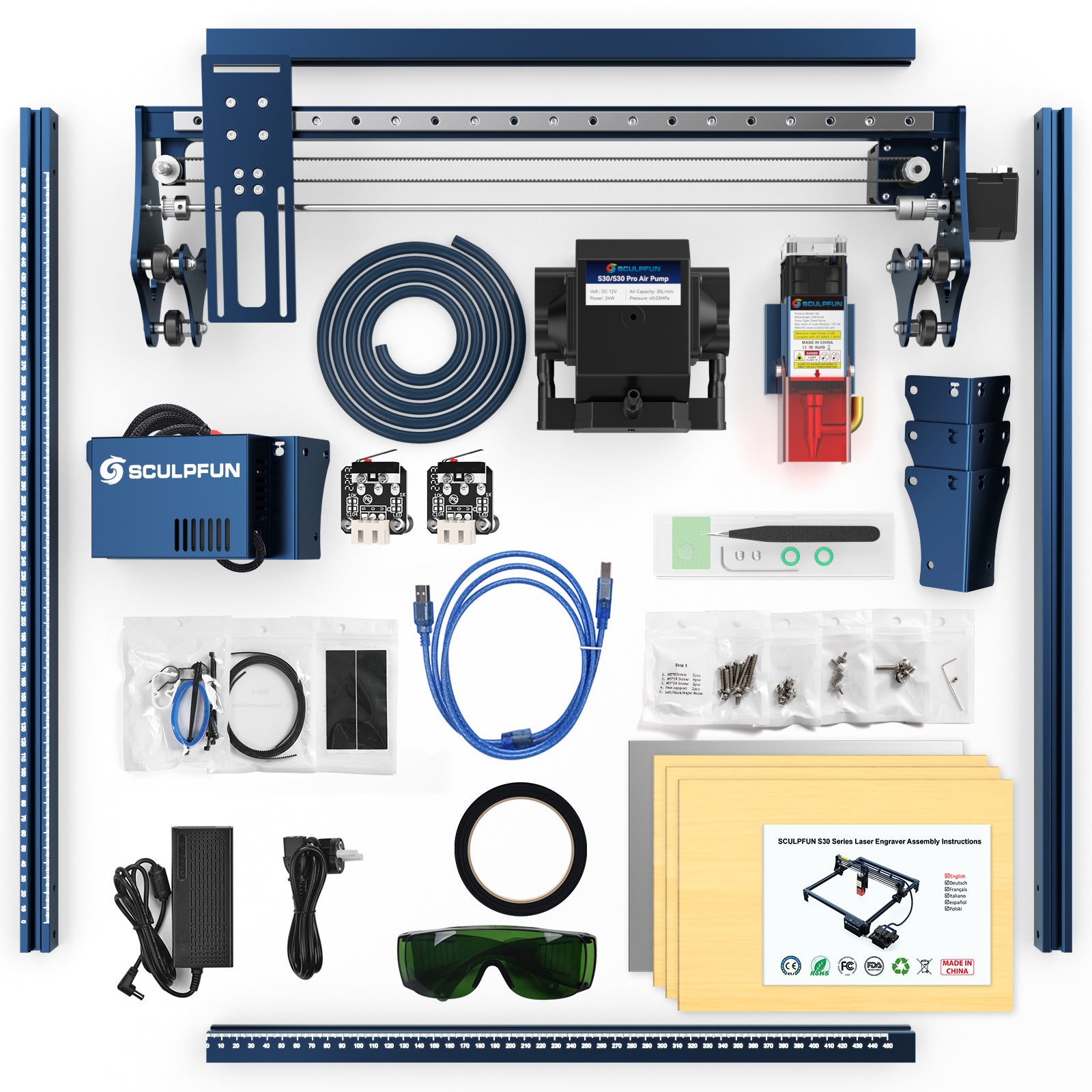 Grabador y cortador láser SCULPFUN S30 Pro de 10 W, asistencia de aire automática, enfoque láser de 0,06 x 0,08 mm, placa base de 32 bits, lente reemplazable, 410 x 400 mm, ampliable a 935 x 905 mm.
