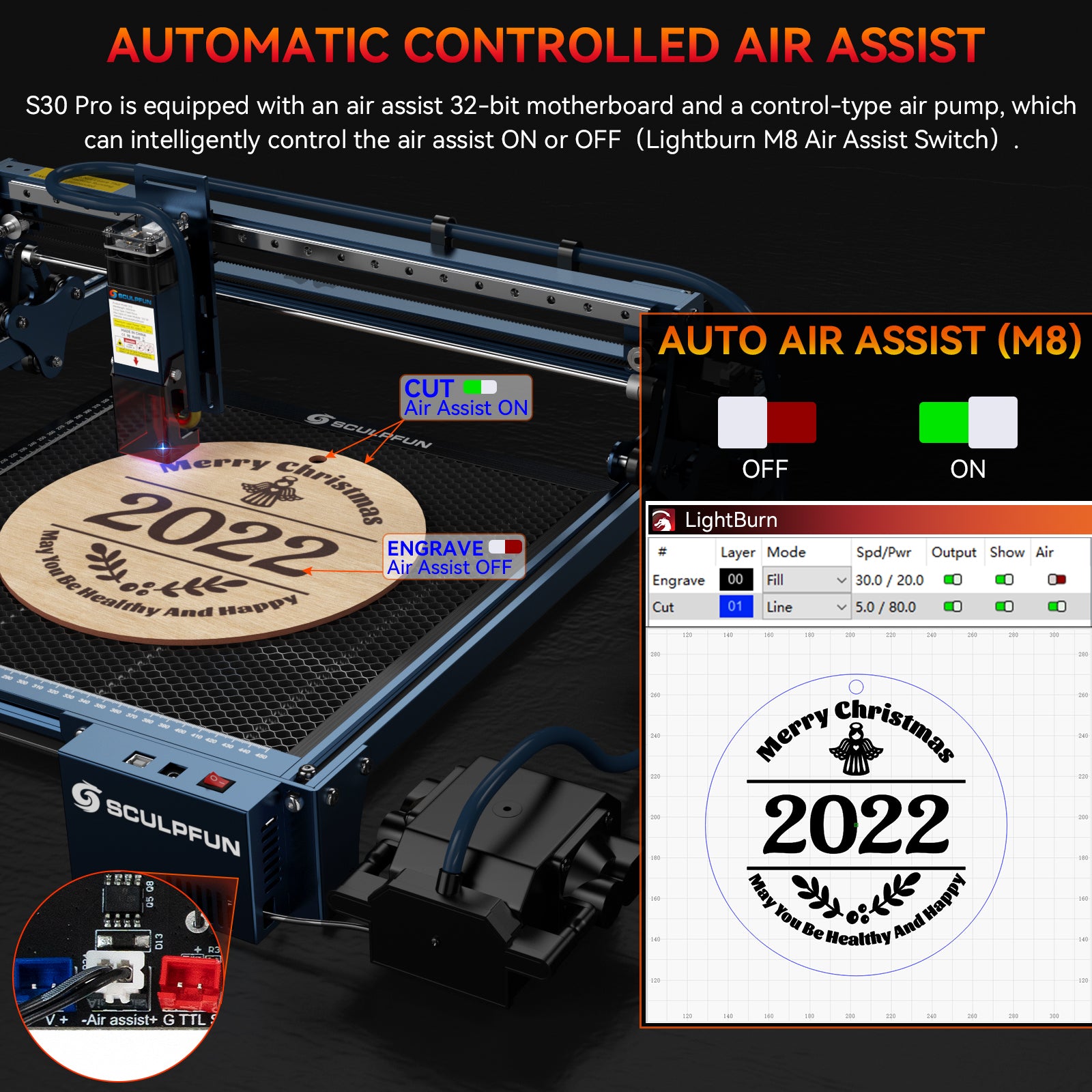 Grabador y cortador láser SCULPFUN S30 Pro de 10 W, asistencia de aire automática, enfoque láser de 0,06 x 0,08 mm, placa base de 32 bits, lente reemplazable, 410 x 400 mm, ampliable a 935 x 905 mm.