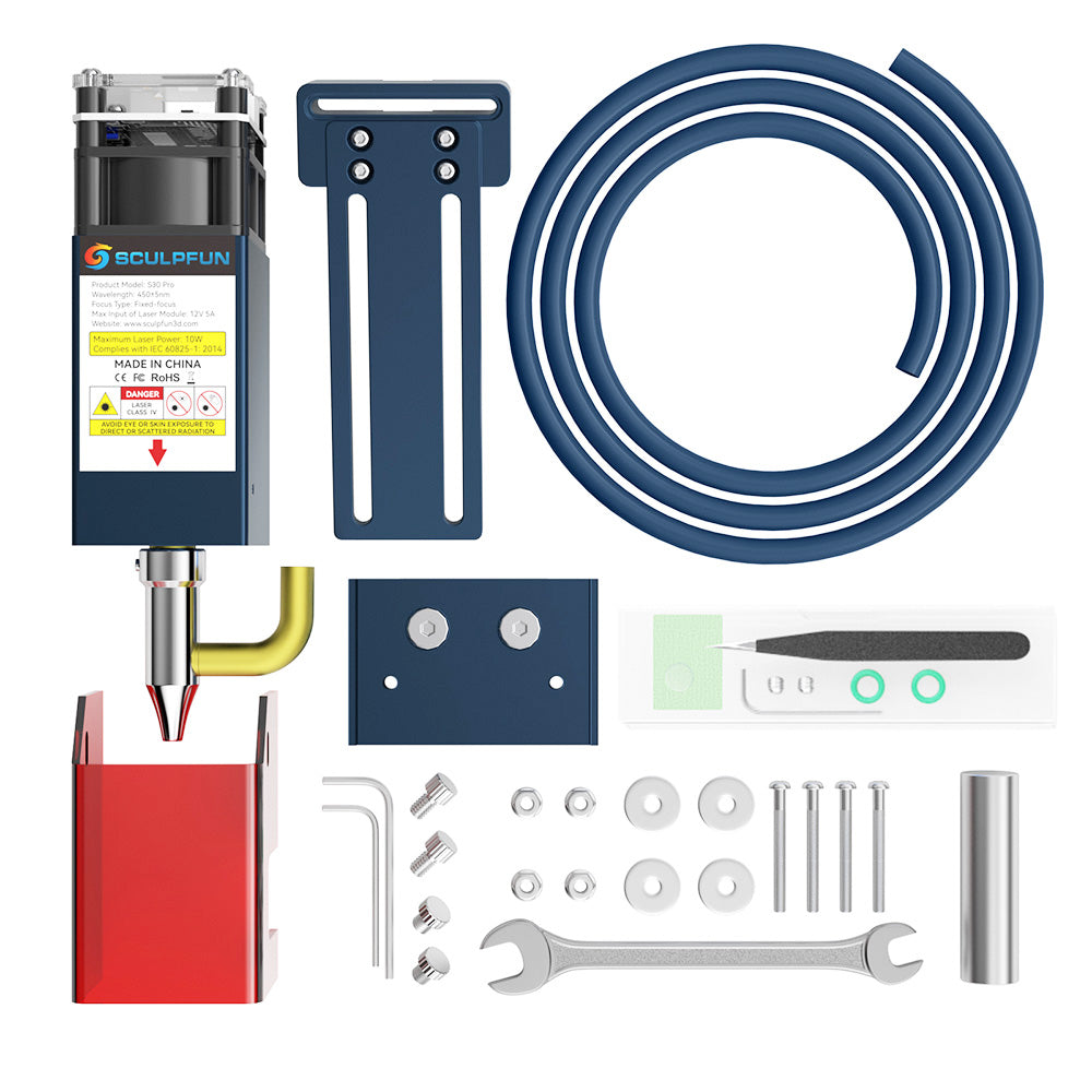Kit de módulo láser SCULPFUN S30 Pro de 10 W, enfoque fijo, asistencia de aire integrada, lente reemplazable, corte limpio.