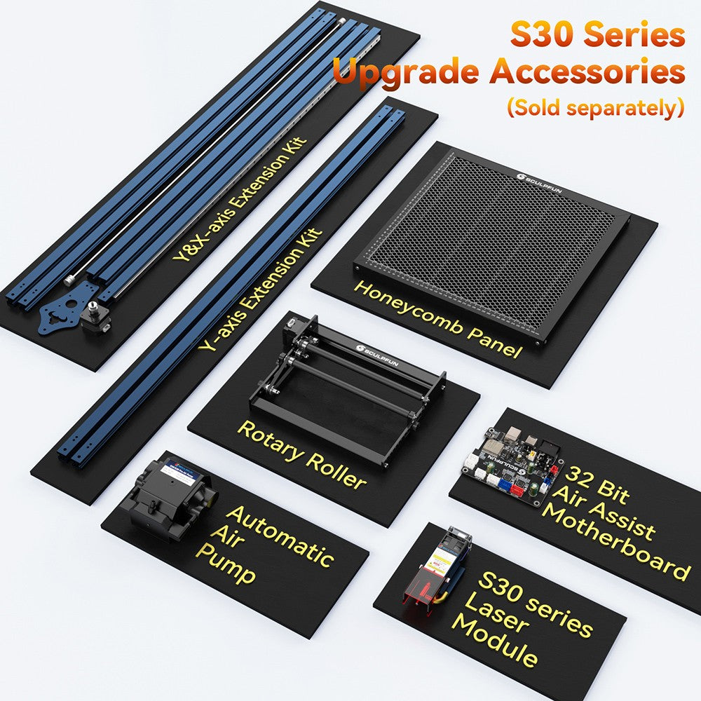 Grabador y cortador láser SCULPFUN S30 Pro Max de 20 W, asistencia de aire automática, enfoque láser de 0,08 x 0,1 mm, placa base de 32 bits, lente reemplazable, 410 x 400 mm, ampliable a 935 x 905 mm.