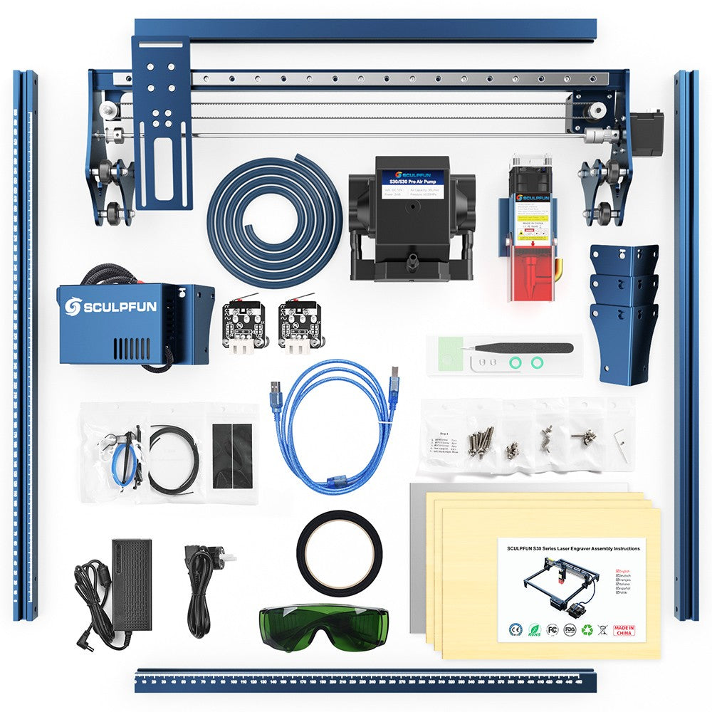 Grabador y cortador láser SCULPFUN S30 Pro Max de 20 W, asistencia de aire automática, enfoque láser de 0,08 x 0,1 mm, placa base de 32 bits, lente reemplazable, 410 x 400 mm, ampliable a 935 x 905 mm.