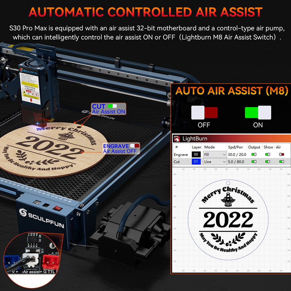 Grabador y cortador láser SCULPFUN S30 Pro Max de 20 W, asistencia de aire automática, enfoque láser de 0,08 x 0,1 mm, placa base de 32 bits, lente reemplazable, 410 x 400 mm, ampliable a 935 x 905 mm.