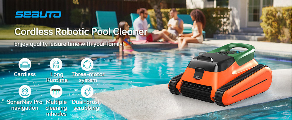 Seauto Crab Robot Limpiafondos Inalámbrico para Piscinas, Hasta 2.5 Horas de Autonomía, Gran Cesta de Filtro de 3.5L, Limpia Paredes, Limpieza de la Línea de Flotación, Carga Rápida de 2.5 Horas, Apto para Áreas de 2000 pies cuadrados - Naranja