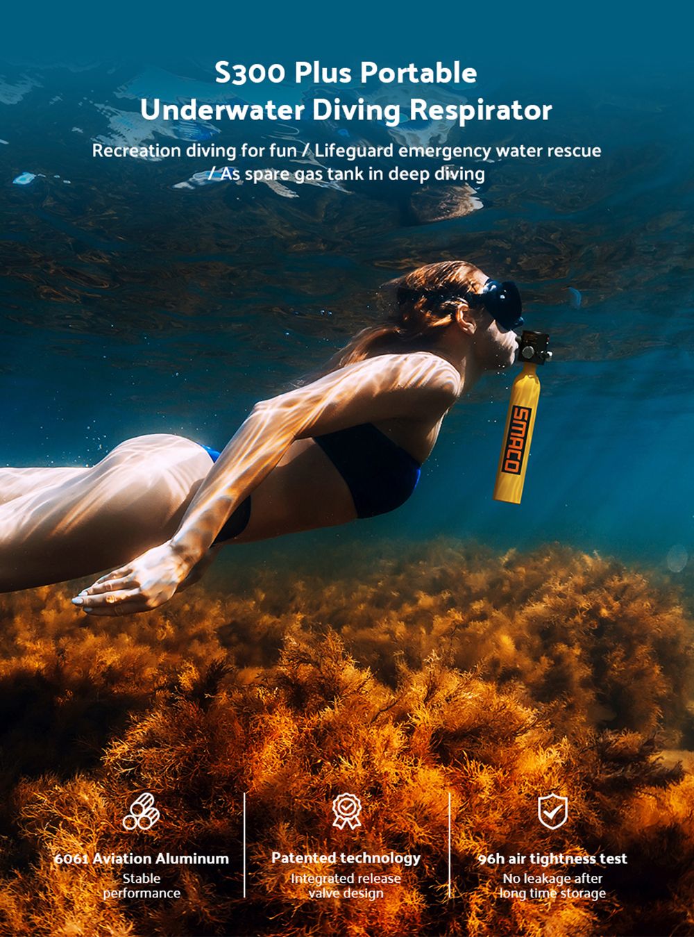 Botella de buceo mini SMACO S300 Plus de 0,5 L - Negra