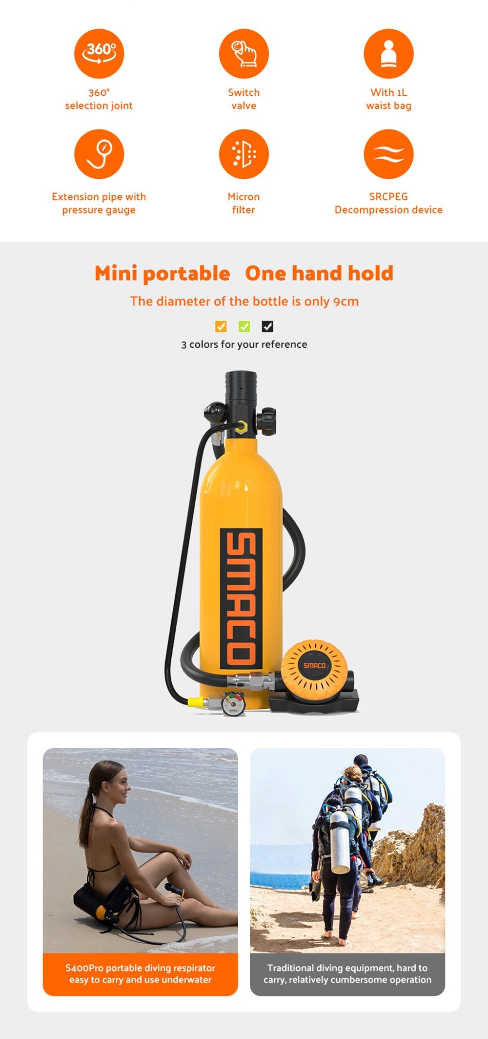 Botella de buceo SMACO S400 Pro de 1 litro - Negra
