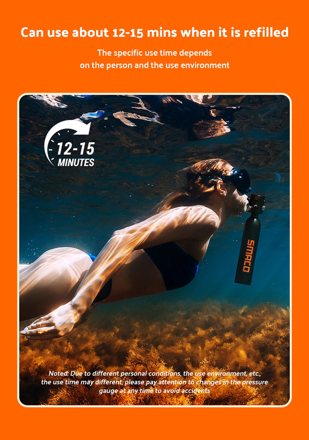 Botella de buceo mini SMACO S500 de 0,7 L - Negra