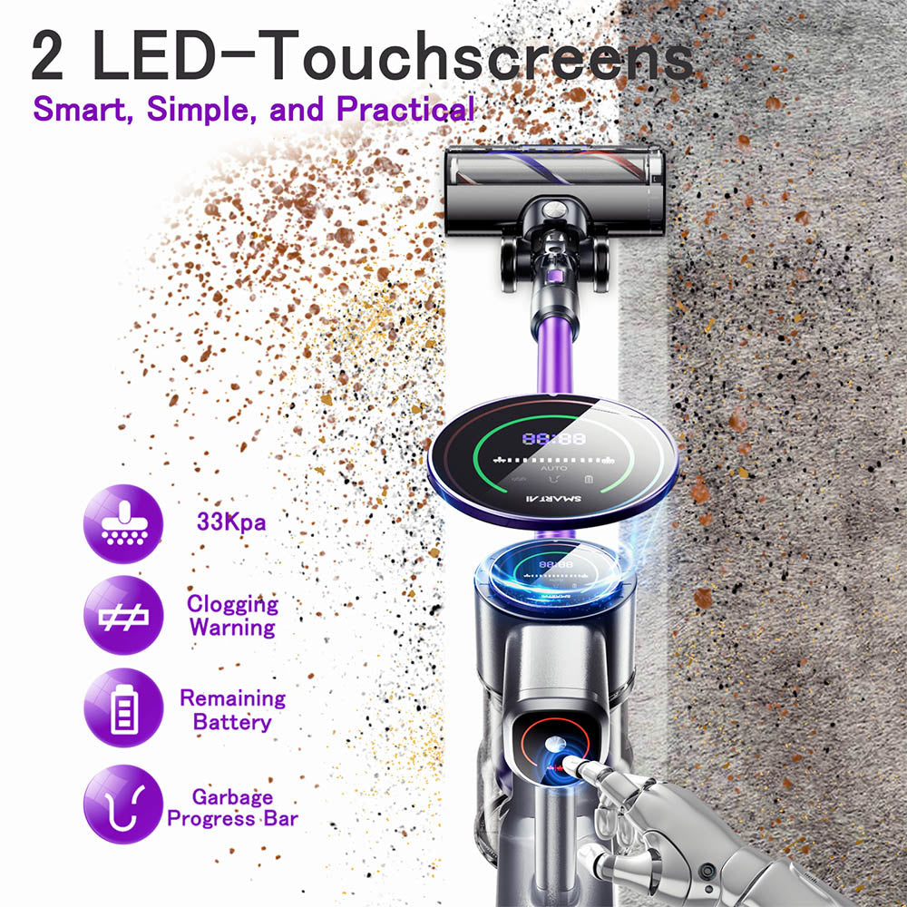 Aspiradora Inalámbrica SmartAI P40, Potencia de Succión 33KPa, Autonomía de 55 minutos, Motor sin Escobillas de 400W, Pantalla Táctil LED, Depósito de Polvo de 1.3L