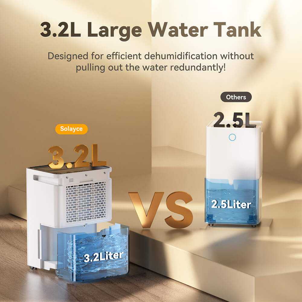 Deshumidificador Solayce PD12R-02EE con tanque de agua de 3,2 L, bajo nivel de ruido de 35 dB y panel táctil inteligente.