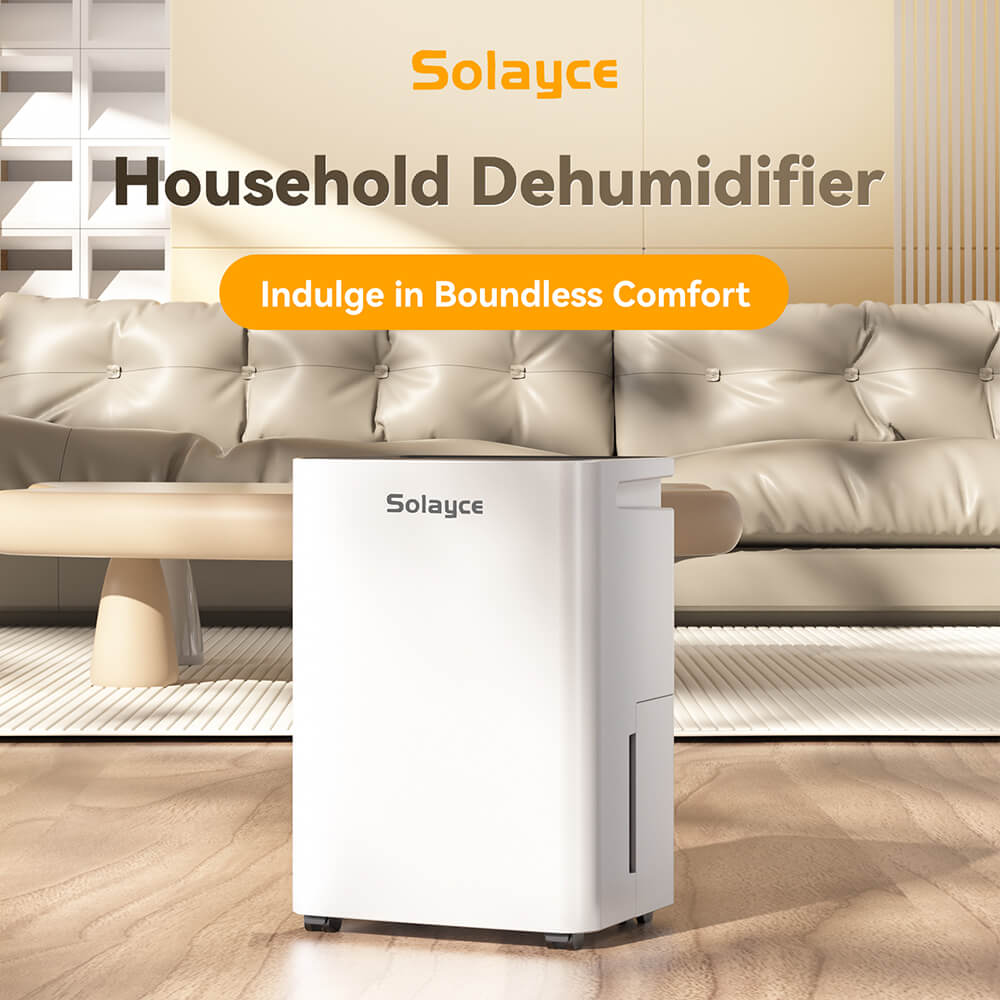Deshumidificador Solayce PD16R-02EE con tanque de agua de 3,2 L, bajo nivel de ruido de 35 dB y panel táctil inteligente.