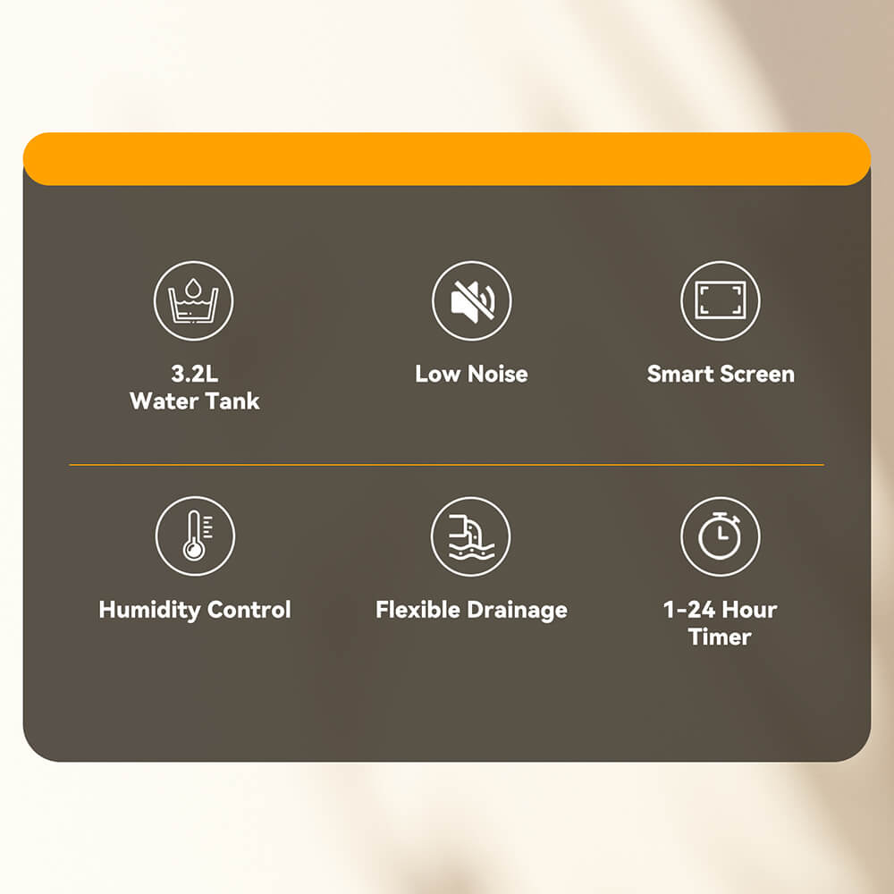 Deshumidificador Solayce PD16R-02EE con tanque de agua de 3,2 L, bajo nivel de ruido de 35 dB y panel táctil inteligente.