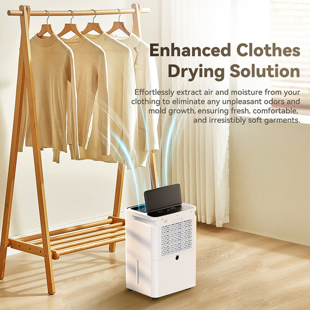 Deshumidificador Solayce PD16R-02EE con tanque de agua de 3,2 L, bajo nivel de ruido de 35 dB y panel táctil inteligente.