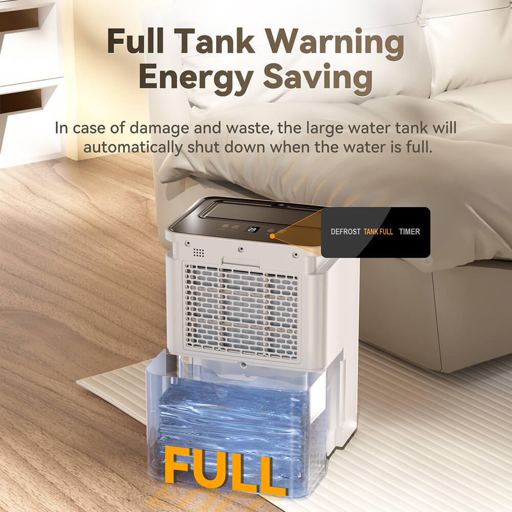 Deshumidificador Solayce PD16R-02EE con tanque de agua de 3,2 L, bajo nivel de ruido de 35 dB y panel táctil inteligente.