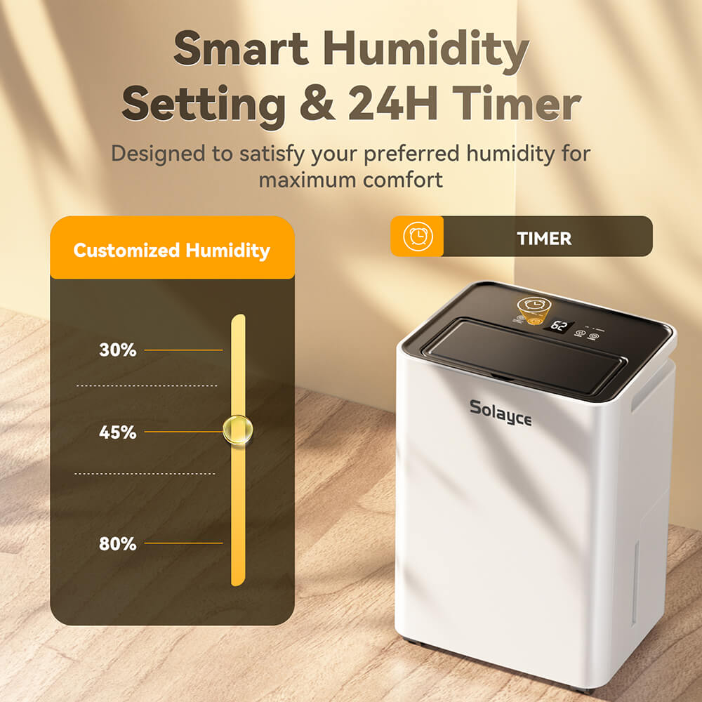 Deshumidificador Solayce PD16R-02EE con tanque de agua de 3,2 L, bajo nivel de ruido de 35 dB y panel táctil inteligente.