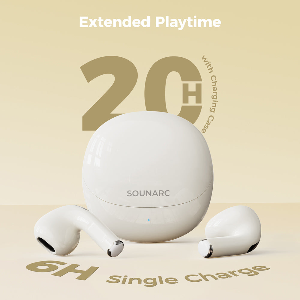 Auriculares SOUNARC Q3, Bluetooth 5.3, Resistentes al Agua IPX5, Hasta 20 Horas de Reproducción - Beige