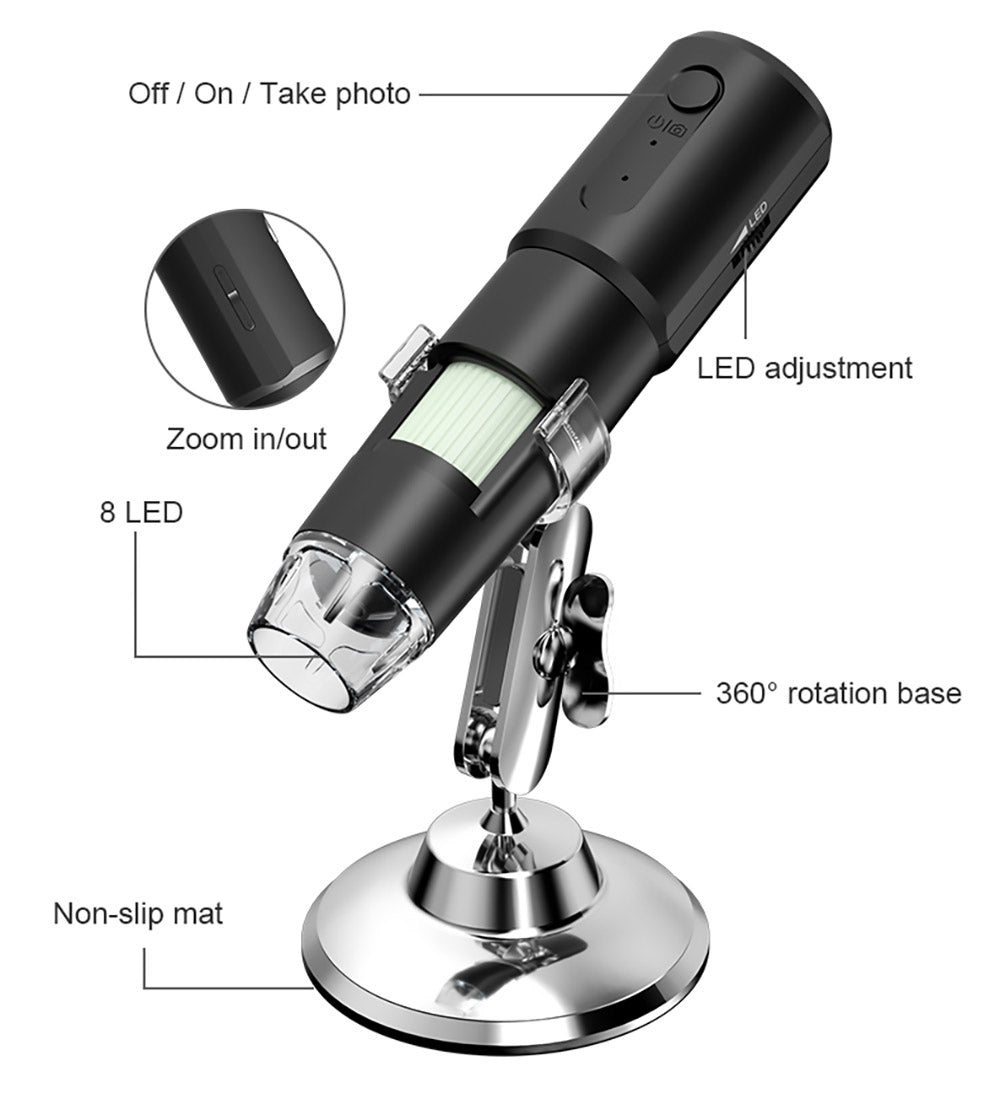 Microscopio inteligente WiFi SUNUO 314, 0.3MP píxeles, base de rotación de 360 grados, zoom de 1000X, 8 luces LED.