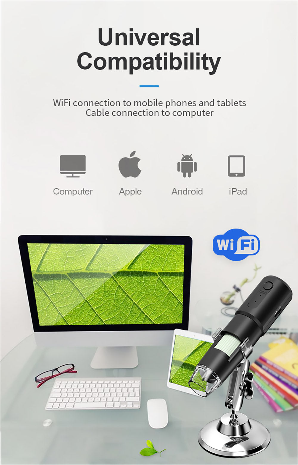 Microscopio inteligente WiFi SUNUO 314, 0.3MP píxeles, base de rotación de 360 grados, zoom de 1000X, 8 luces LED.