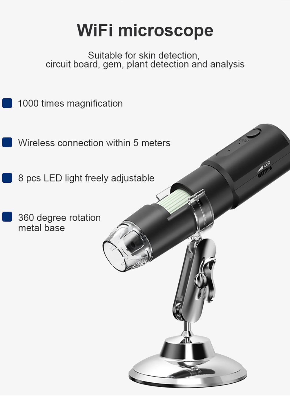 Microscopio inteligente WiFi SUNUO 314, 0.3MP píxeles, base de rotación de 360 grados, zoom de 1000X, 8 luces LED.