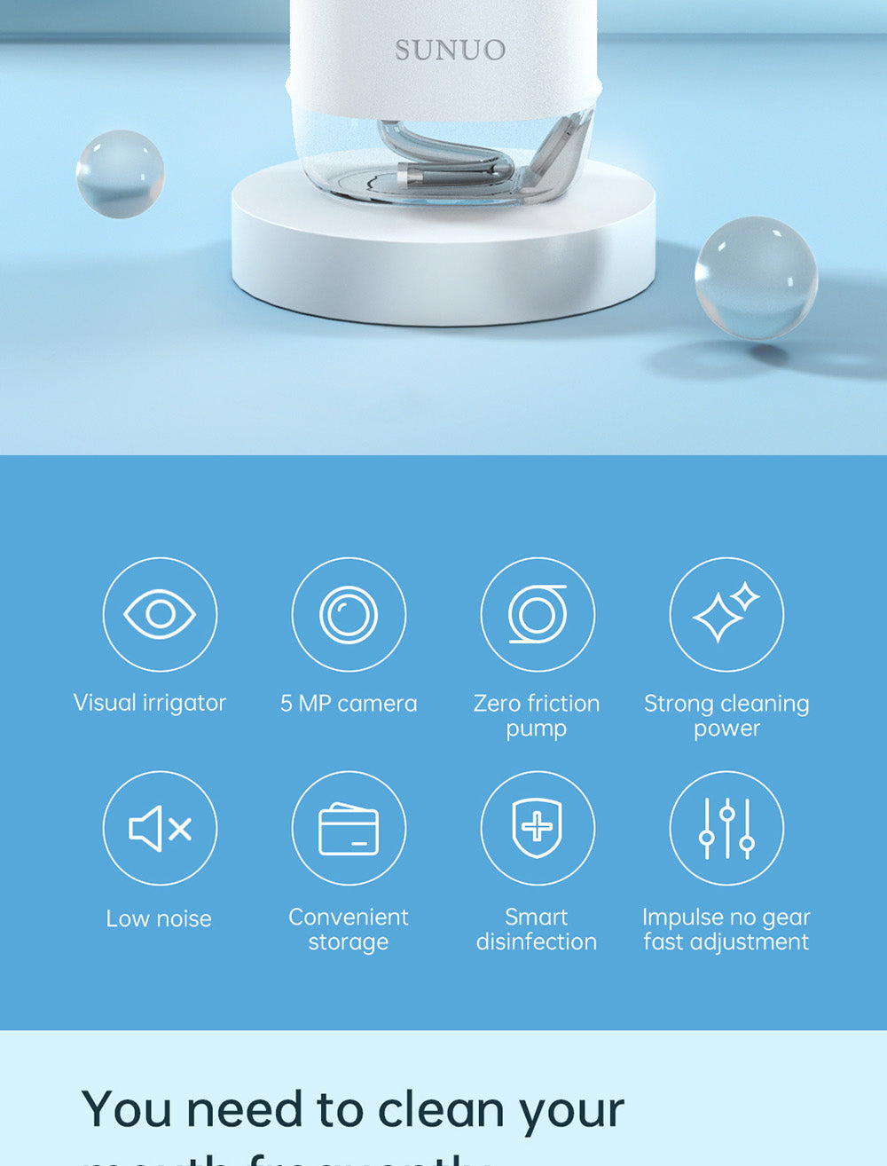 Irrigador bucal inteligente visual SUNUO C3 PRO, limpiador dental con esterilización UV, cámara HD de 5MP, conexión WiFi, resistente al agua IPX7 - Blanco