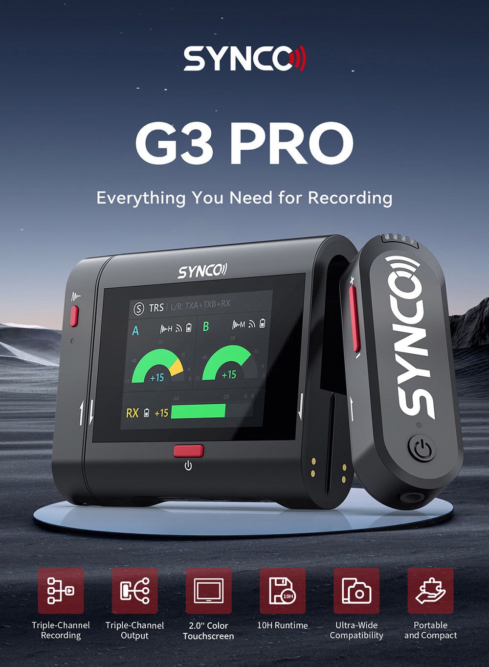 Micrófono inalámbrico de solapa SYNCO G3 Pro, transmisión de 2,4 GHz a 250 m, pantalla táctil de 2 pulgadas, 3 niveles de cancelación de ruido, 10 horas de grabación continua.